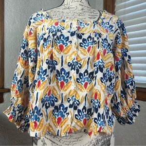 RACHEL Rachel Roy Floral Print Linen Blend Smocked Top Size M